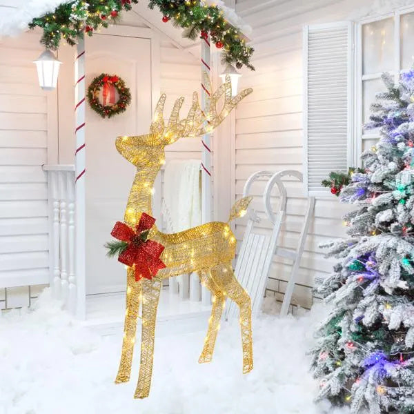Lighted Christmas Reindeer Outdoor Decorations, Weather Proof 4ft Santa's Sleigh Reindeer Christmas Ornament Indoor Home Decor Pre-lit 90 LED Lights With Stakes, Zip Ties Secured