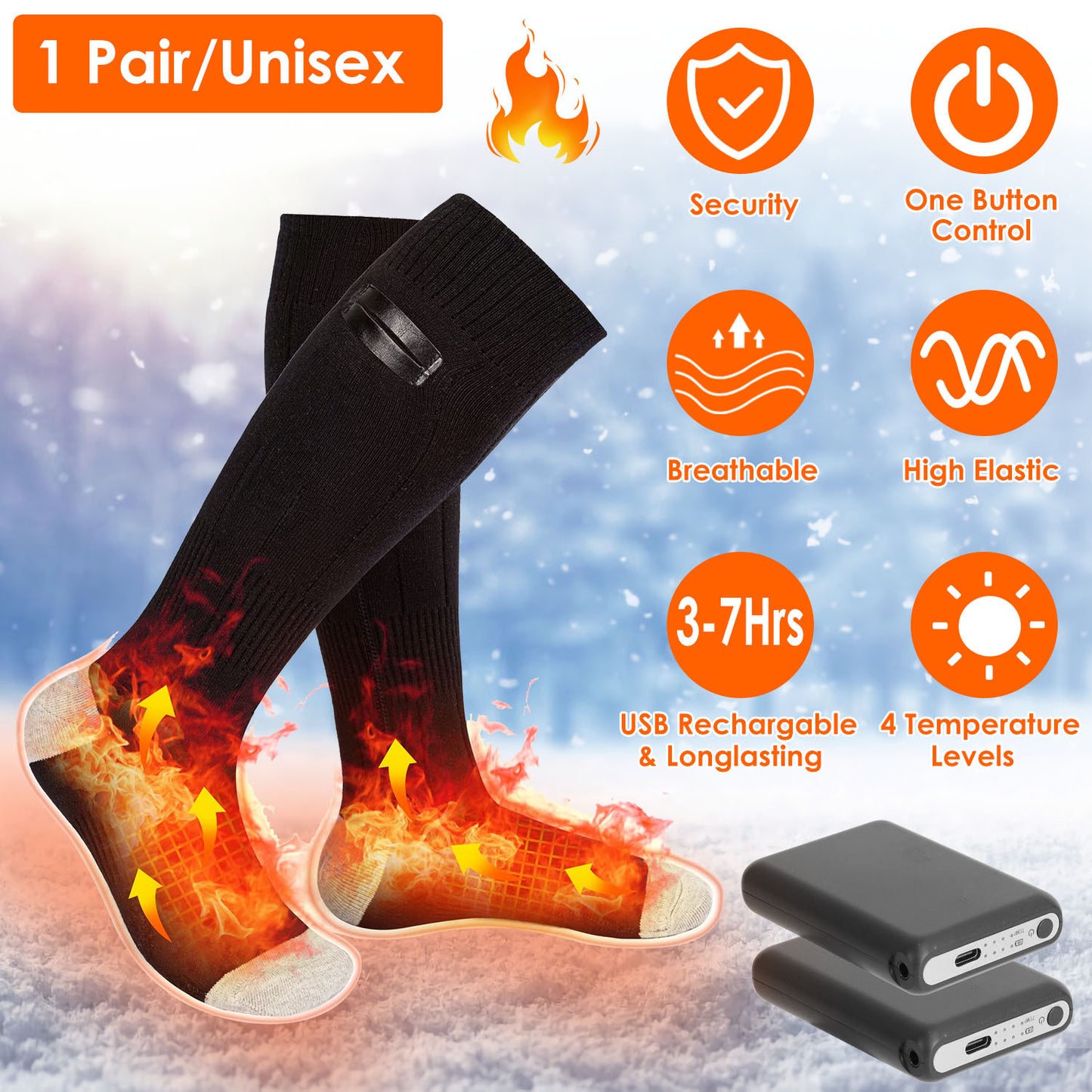 US Local 1 Pair  Electric Heated Socks For Men Women Battery Powered Heated Socks Rechargeable Feet Warmer With 4 Temperature Levels Indoor Outdoor Machine Washable
