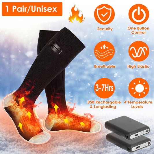 US Local 1 Pair  Electric Heated Socks For Men Women Battery Powered Heated Socks Rechargeable Feet Warmer With 4 Temperature Levels Indoor Outdoor Machine Washable