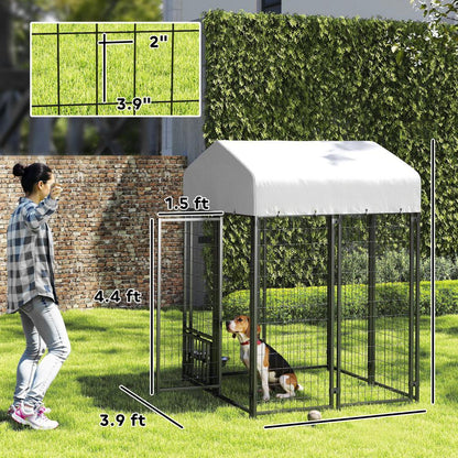 US Local Welded Wire Outdoor Dog Kennel With 360 Rotating & 4 Levels Adjustable Bowls, Waterproof Cover, 3.9 X 3.9 X 6