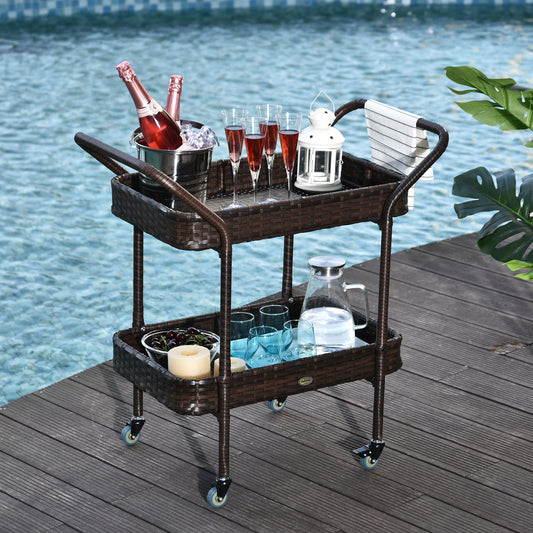 US Local Rattan Wicker Outdoor Kitchen Trolley, Rolling Serving Cart With 2 Tray Shelves, Brown