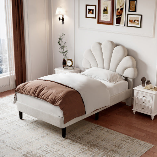 UK Local 3ft Single Upholstered Velvet Bed Frame, With Adjustable Chic Petal Headboard, Velvet Platform Bed Frame With Solid Wood Slat, No Box Spring Needed, Easy Assembly, Beige