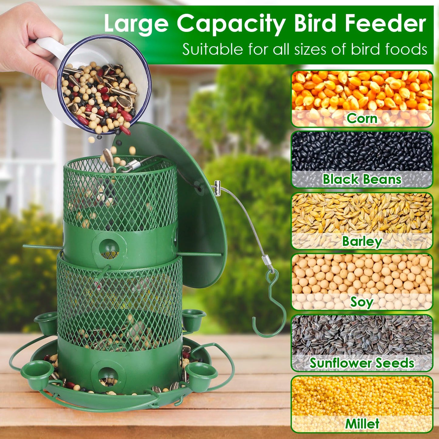 US Local 1Pc Wild Bird Feeder Squirrel-Proof Chew-Proof Metal Bird Seed Feeder Outdoor Hanging Bird Feeder With 360 Degree Circular Perches Water Cups For Yard Garden Patio