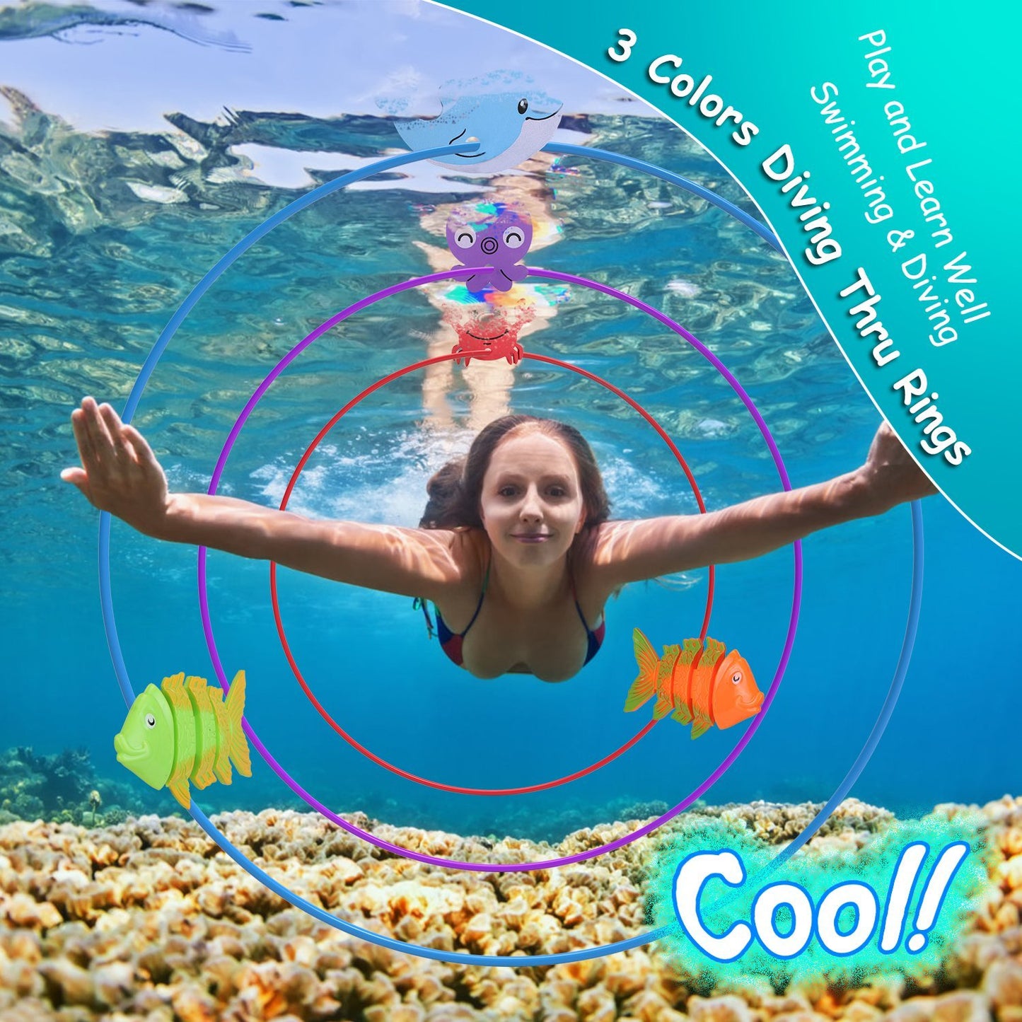 US Local Set Of 24Pcs Diving Toys Swimming Pool Toys Swim Toys For Kids Above Aged 3 Years Old Swim Thru Rings Torpedoes Gems Volleyball Storage Bag