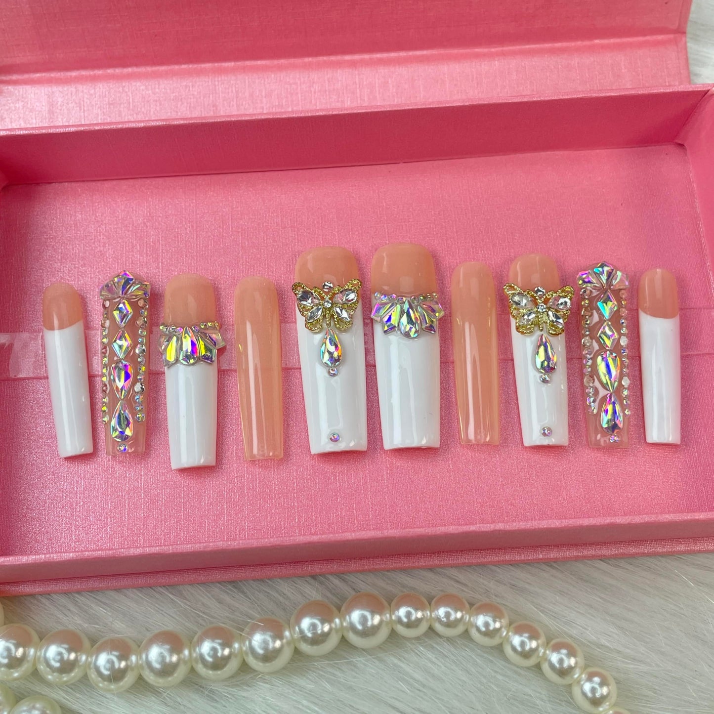 US Local GGDDSHA Nails Press On Nails Medium Fake Nails FalseNails With 3D Flower Designs Nail Press Ons French TipHandmade Acrylic Artificial Nails Summer Natural Stick OnNails For WomenOpal Whisper