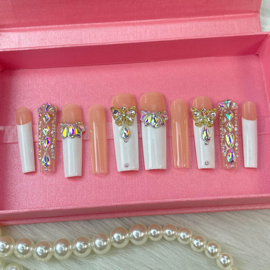 US Local GGDDSHA Nails Press On Nails Medium Fake Nails FalseNails With 3D Flower Designs Nail Press Ons French TipHandmade Acrylic Artificial Nails Summer Natural Stick OnNails For WomenOpal Whisper