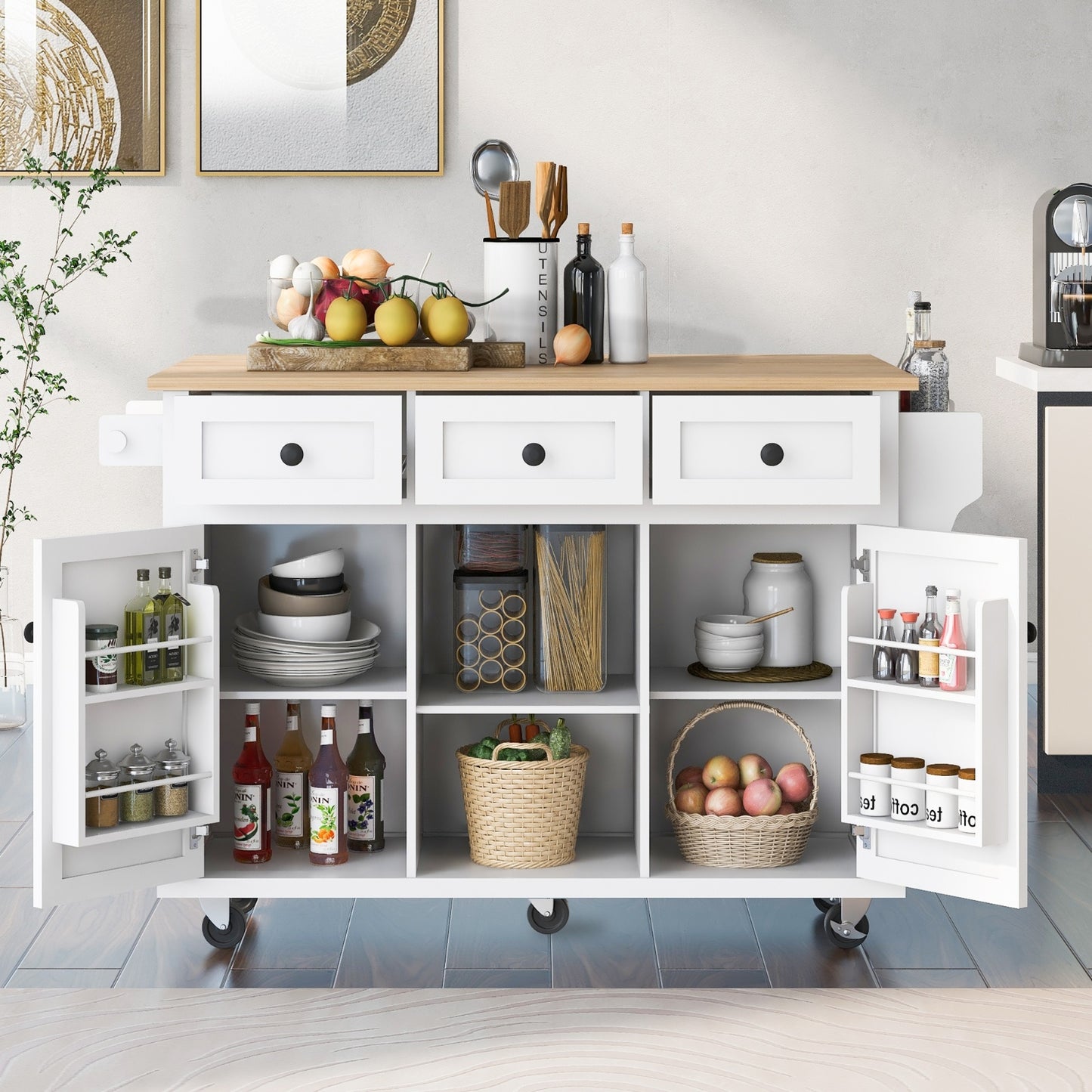 US Local Kitchen Cart With Drop-Leaf Countertop, Cabinet Door, And Storage Racks