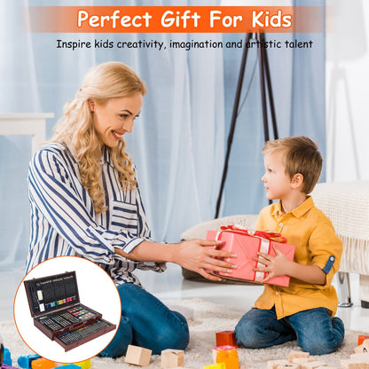 US Local 140Pcs Art Supplies With Colored Pencils Oil Pastels Crayons, Watercolor Cakes Brushes Sharpener Eraser In Elegant Wooden Box Professional Art Kit For Kids Adults Beginners Pros