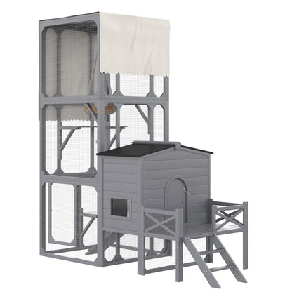 US Local Catio Cat House Outdoor Large Cat Enclosure, Wooden Cat Cage For Multiple Cats With Jumping Platforms And Cat Swing, Removable Waterproof Cover, UV Resistant, 2 Combination, Gray