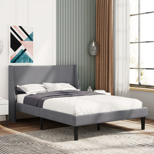 UK Local Double Bed Soft Linen Grey 4FT6 Upholstered Bed With Winged Headboard, Wood Slat Support