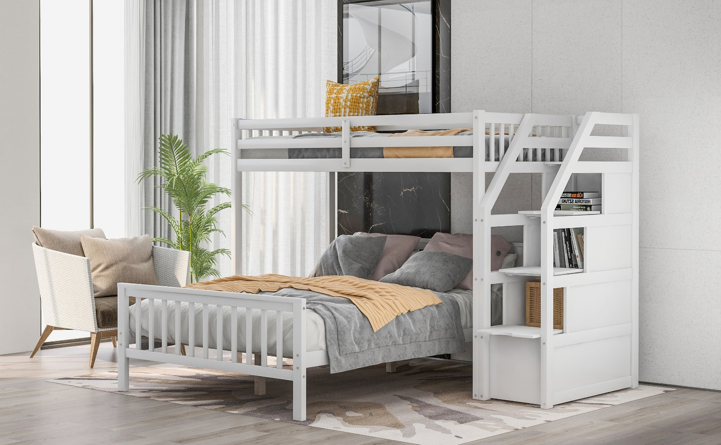 US Local Twin Over Full Loft Bed With Staircase,White