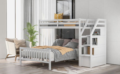 US Local Twin Over Full Loft Bed With Staircase,White