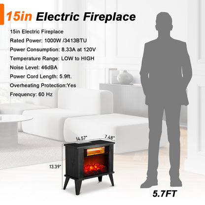 US Local ZOKOP HT1287B 120V 1000W 15in Fireplace Black Wood Free-standing - Quartz Tube - 2nd Gear Temperature Control - With Fake Firewood  - Single Color