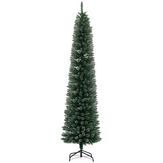 CA Local 7.5 ft Artificial Snow Dipped Christmas Tree Xmas Pencil Tree Holiday Home Indoor Decoration With Foldable Black Stand, Green