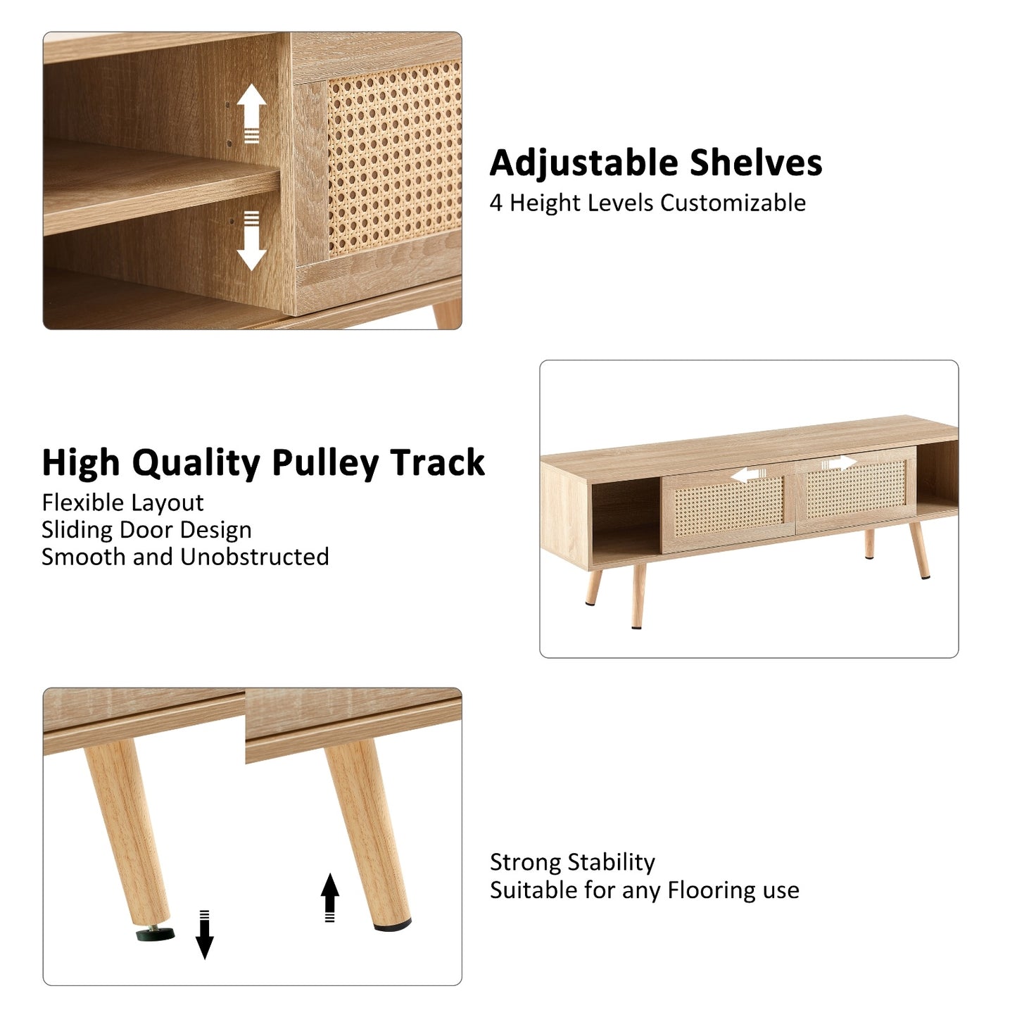 US Local 55.12  Rattan TV Cabinet With Sliding Doors  Adjustable Shelf   Solid Wood Legs