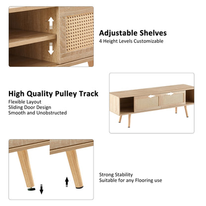 US Local 55.12  Rattan TV Cabinet With Sliding Doors  Adjustable Shelf   Solid Wood Legs