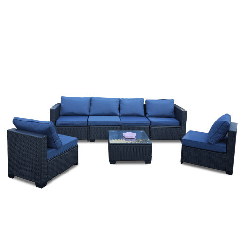 US Local Seven-Piece Sofa Set Table With Sofa Chair Black PE Rattan Outdoor Furniture 7-JH001 Box 3-1-2-3 With Blue Color Cushion