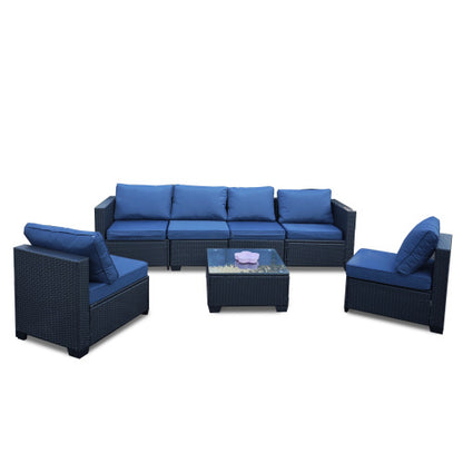 US Local Seven-Piece Sofa Set Table With Sofa Chair Black PE Rattan Outdoor Furniture 7-JH001 Box 3-1-2-3 With Blue Color Cushion