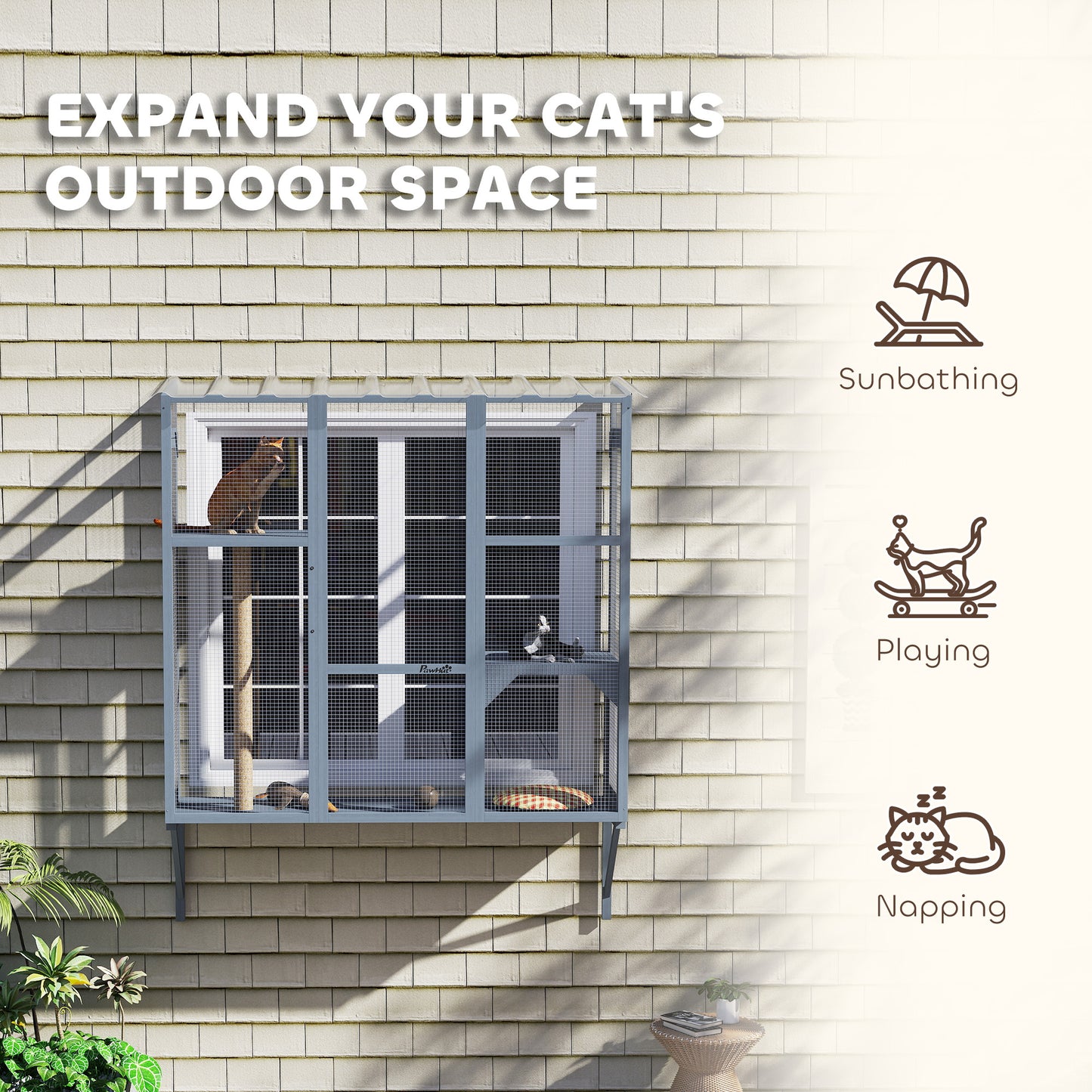 US Local Catio Outdoor, Window Catio For 2-3 Large Indoor Cats W 2 Jumping Platforms, Scratching Post, For Playing, Napping