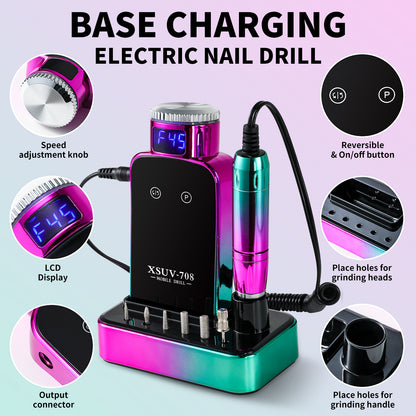 US Local Professional Electric Nail Drill, 45000 RPM Cordless Rechargeable E-File Machine, With 12 Bits, Sanding Bands, LCD Display For Acrylic Gel Nails