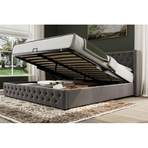 UK Local Upholstered Bed, With Hydraulic Lever, Functional Bed From Storage, 150 X 200 Cm, Without Mattress, Velvet, Gray