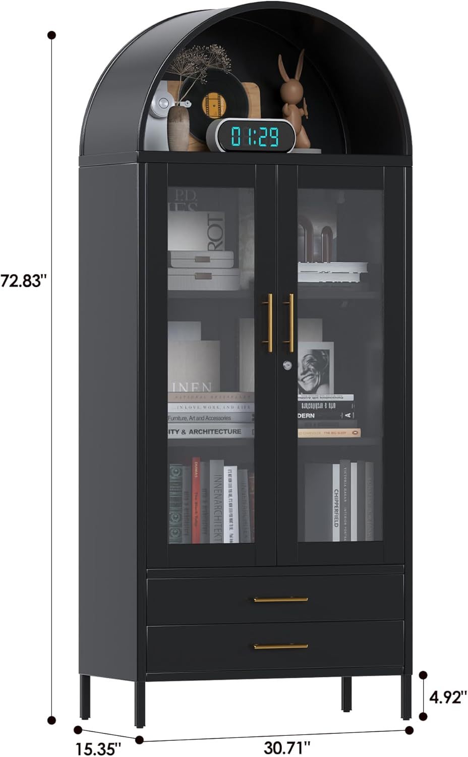 US Local 73 In Tall Metal Arched Cabinet, Kitchen Pantry Cabinet With Glass Doors, Modern Farmhouse Arched Bookcase With 2 Drawers And 2 Adjustable Shelves For Living Room, Black, Assembly Required