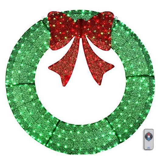 60in Pre-Lit Outdoor Christmas Wreath Decoration, LED Metal Holiday Decor For Home Exterior, Garden W 400 Lights, Bow - Green Red