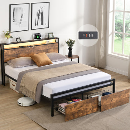 US Local Queen Size Bed Frame With Storage Headboard And 2 Drawers, LED Lights Bed With Charging Station
