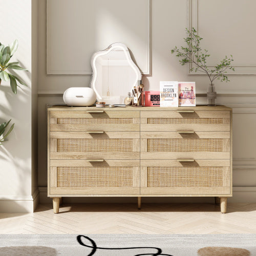 US Local Rattan Dresser With Drawers, 6 Drawer Dresser For Bedroom, Clothes Storage Cabinet For Bedroom, Metal Handle&Wood Legs For Hallway, Living Room, Bedroom,Natural