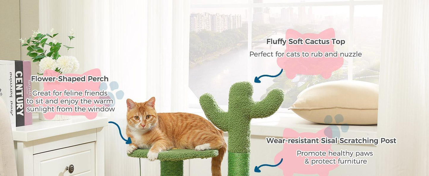 US Local 26 Inch Cactus Cat Tree With Bird's Eye View Flower Perch, Soft Cactus Top And Hanging Ball, Compact Vertical Structure For Indoor Cats