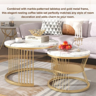 UK Local Round Coffee Tables, Removable Set Of 2 End Table, Nesting Tables With Gold Metal Frame Legs And Marble Pattern Top For Living Room, Bedroom, Office, Balcony, Apartment