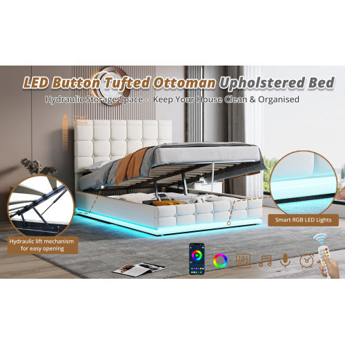 UK Local Ottoman Double Bed With LED Lighting, PU Leather Upholstered Bed With Hydraulic Storage, 4ft6 Double Bed Frame With Adjustable Button Tufted Headboard, Cream White No Mattress