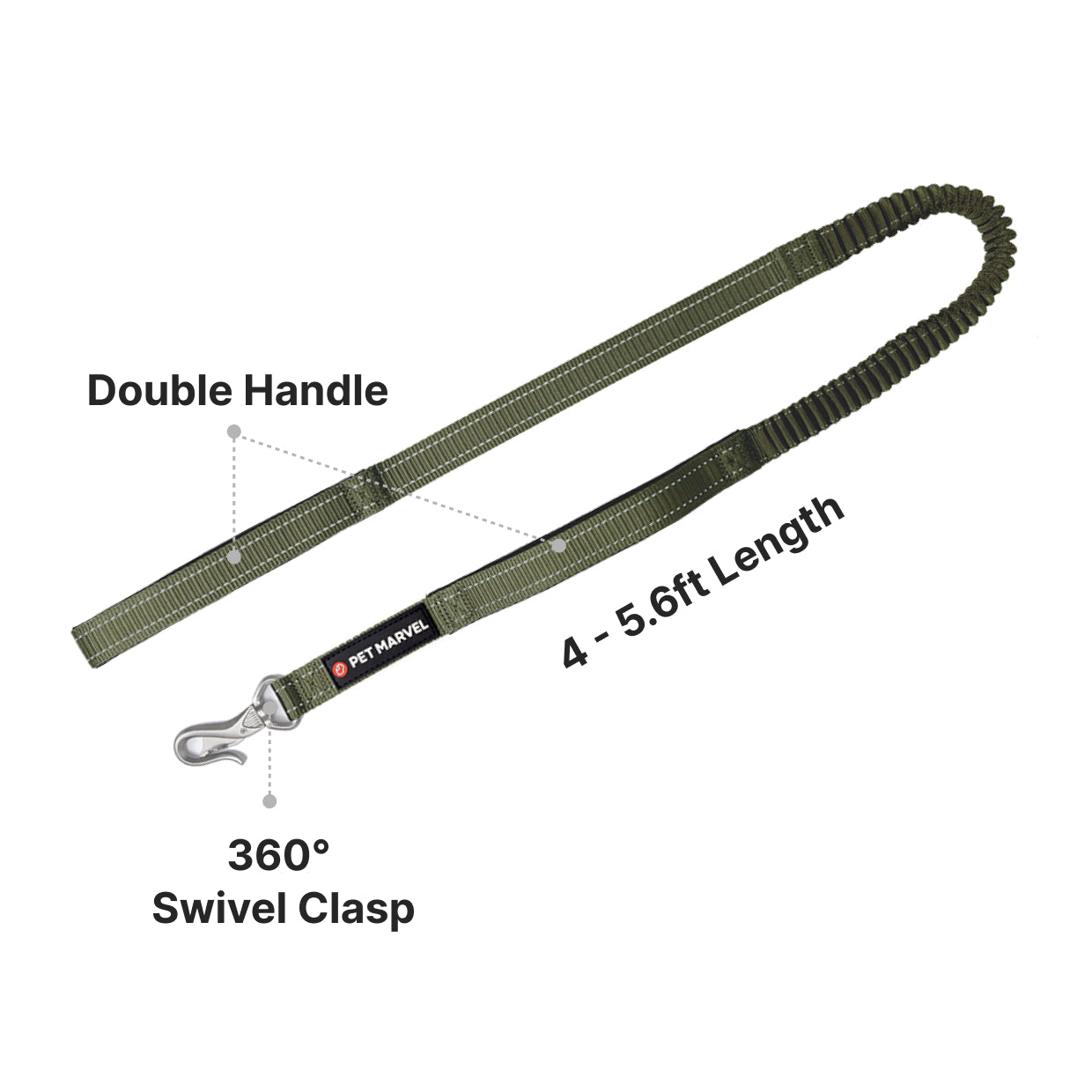 US Local PETMARVEL 4-6 FT Shock Absorbing Tactical Dog Leash Dual Handle For Training