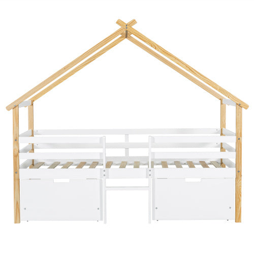 UK Local Wooden Bed, Children S Bed, 3ft Single Bed 90x190cm, MDF  Pinewood  Plywood, Safety Guardrail, Two Storage Drawers With Wheels,Roof Shape, White  Natural