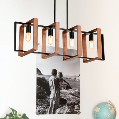 US Local 4-Light Kitchen Island Lights Pendant Light Farmhouse Dining Room Light Fixture, Rustic Wood And Black Metal Rectangular Chandelier, Hanging Lighting For Living Room,Conference Room, Home Office