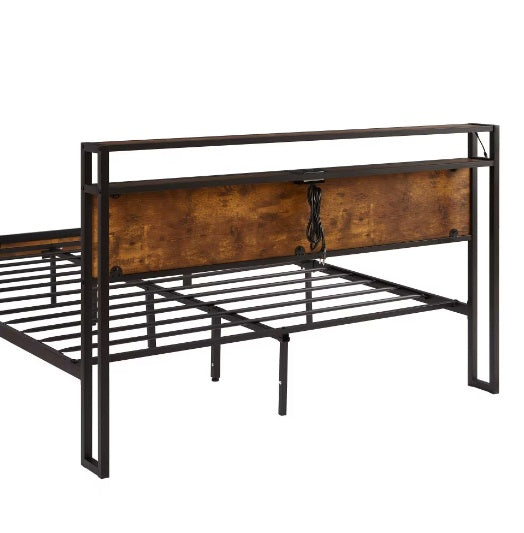 US Local King Size Metal Platform Bed Frame With Wooden Headboard And Footboard With USB LINER