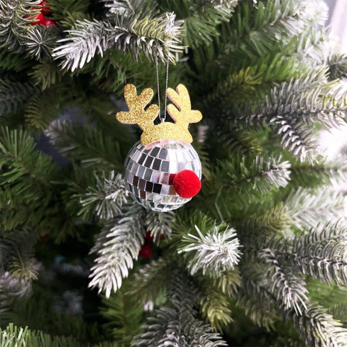 US Local 5 Pcs Disco Mirror Christmas Ball Pendants With Elk Antlers Cute Disco Ball Accessories Car Disco Mirrors Deer Antler Ornament Halloween Props For Xmas Trees Garlands Music Festival Birthday Party Dec