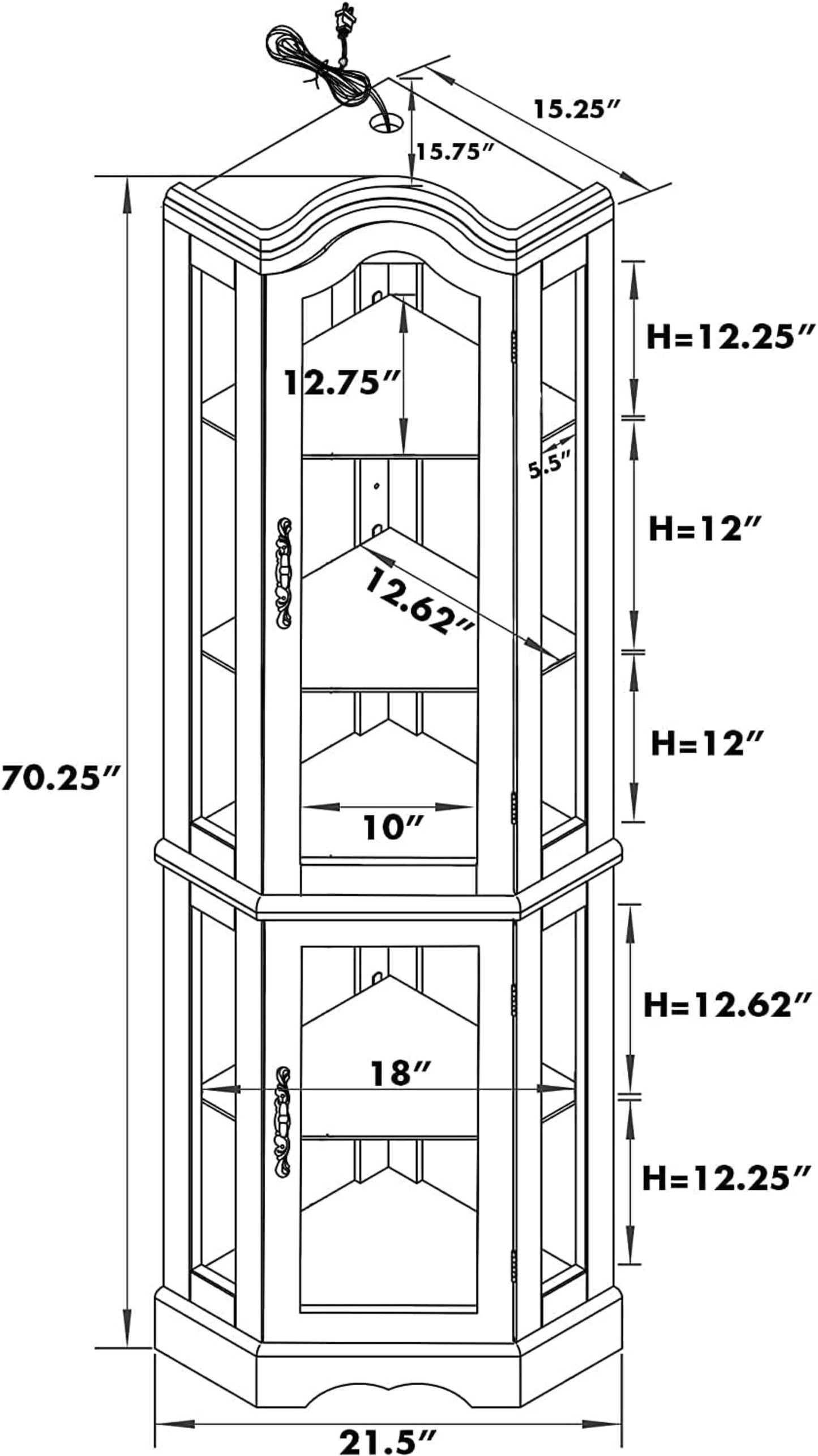 US Local Corner Curio Cabinet With Lights, Adjustable Tempered Glass Shelves, Mirrored Back, Display Cabinet,