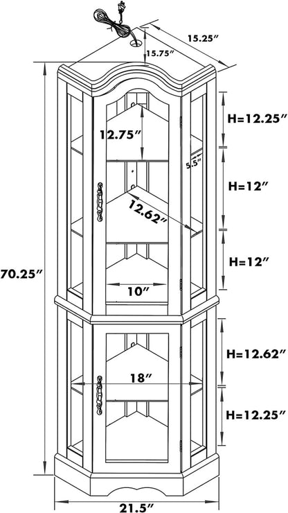 US Local Corner Curio Cabinet With Lights, Adjustable Tempered Glass Shelves, Mirrored Back, Display Cabinet,