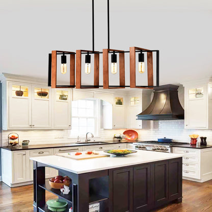 US Local 4-Light Kitchen Island Lights Pendant Light Farmhouse Dining Room Light Fixture, Rustic Wood And Black Metal Rectangular Chandelier, Hanging Lighting For Living Room,Conference Room, Home Office