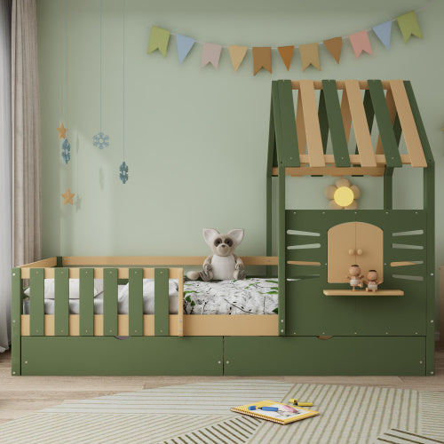 UK Local Wooden Bed, Children S Bed, 3ft Single Bed 90x190cm, MDF  Pinewood  Plywood, Two Storage Drawers,  Roof Shape With A Window, Green  Natural