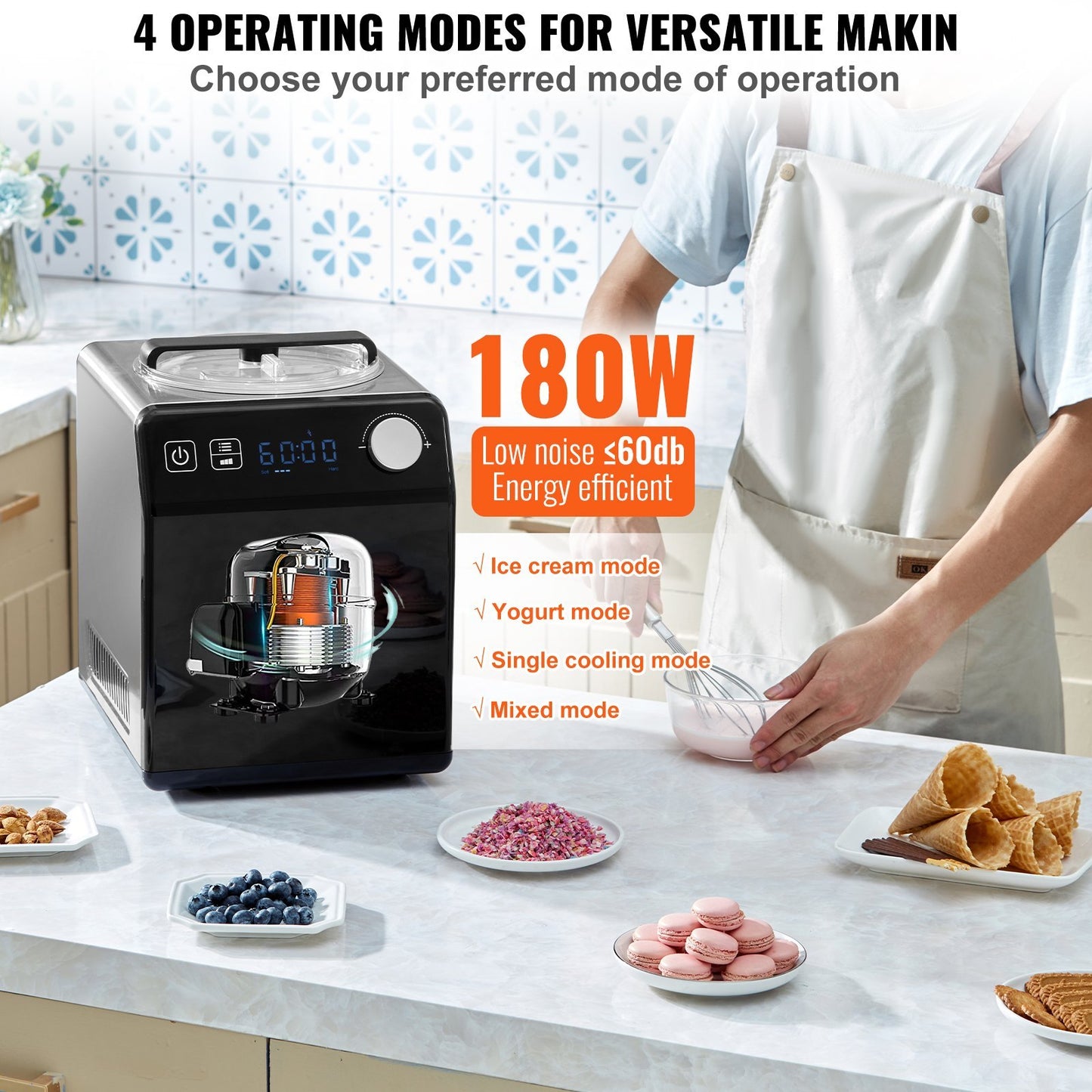 Upright Automatic Ice Cream Maker With Built-in Compressor, 2 Quart No Pre-freezing Fruit Yogurt Machine, Stainless Steel Electric Sorbet Maker, 4 Modes Gelato Maker With Digital Display  Timer
