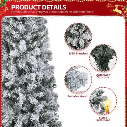 US Local 6 FT Snow Flocked Hinged Christmas Tree, Artificial Pencil Christmas Tree, Unlit Artificial Christmas Pine Tree With 320 Branch Tips And Sturdy Metal Stand, Snowy Green