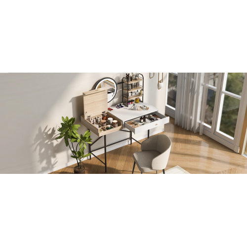 US Local Makeup Vanity Desk With 3-Mode Lighted Mirror & Wireless Charging Station , Vanity Table With Drawer & 3 Open Shelves For Ample Storage Space