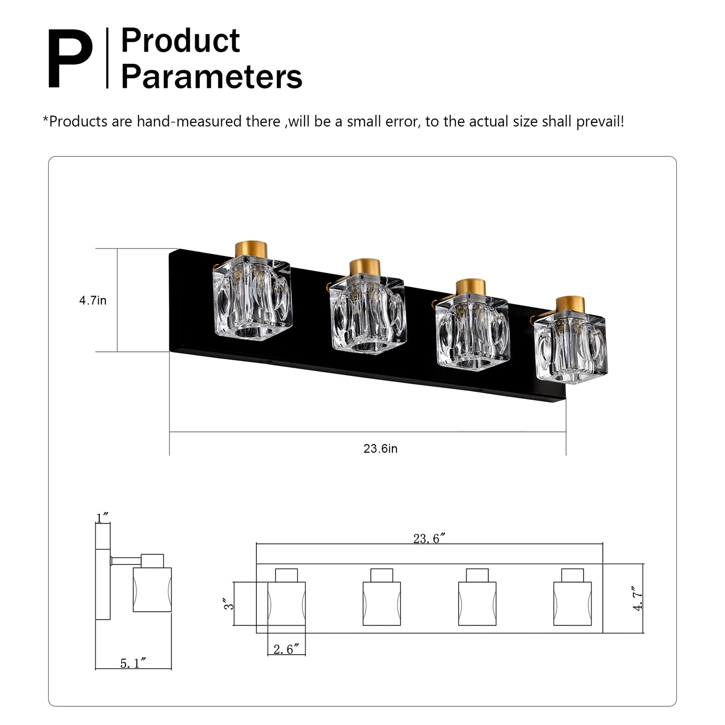US Local 4-Light Matte Black Gold Bathroom Light Fixtures, Modern Vanity Lights With Crystal Glass Shade, Vintage Light Fixture Bathroom Over Mirror Wall Lights For Kitchen Dinning Room Bedroom Hallway