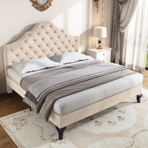UK Local Upholstered Bed With Slatted Frame And Headboard, 4ft6 Double Bed,135x190,Upholstered Bed With Height-adjustable Headboard, Youth Bed, Wooden Slat Support, Easy Assembly, Velvet, Beige