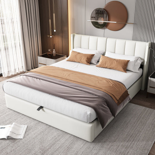 UK Local LED Upholstered Bed ,King Size Bed-5ft150x200cm, Hydraulic Bed, Rechargeable USB Port In Bed, With LED Lighting, With Storage Space, Adjustable Headboard, PU , White