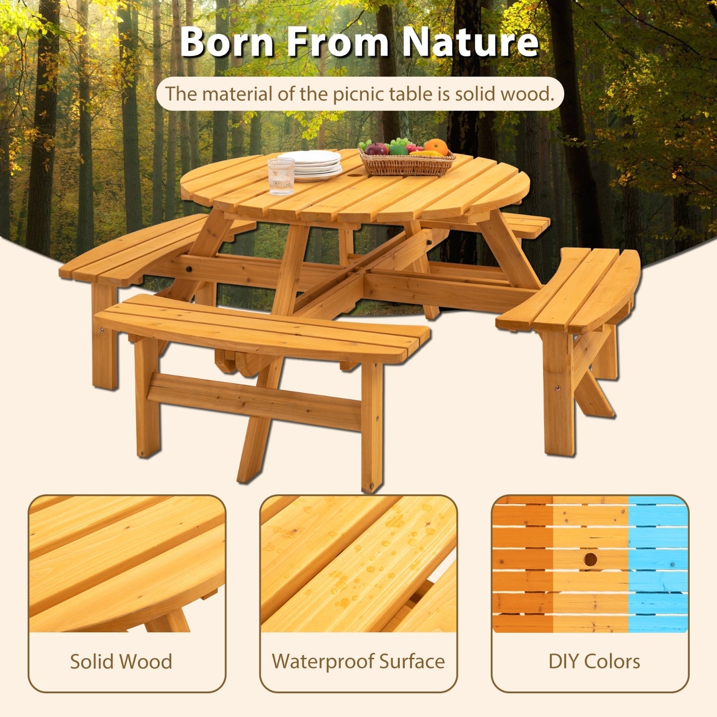 US Local 8 Person Wooden Picnic Table Outdoor Camping With 4 Built-in Benches