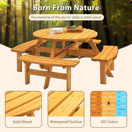 US Local 8 Person Wooden Picnic Table Outdoor Camping With 4 Built-in Benches