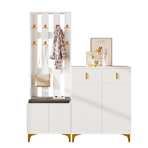 UK Local Wardrobe Set With Shoe Bench And Cushion, Wardrobe Front With Hooks, Shoe Cabinet With Drawers And Doors